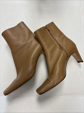 STAUD square toe  Tan Leather Ankle Boots